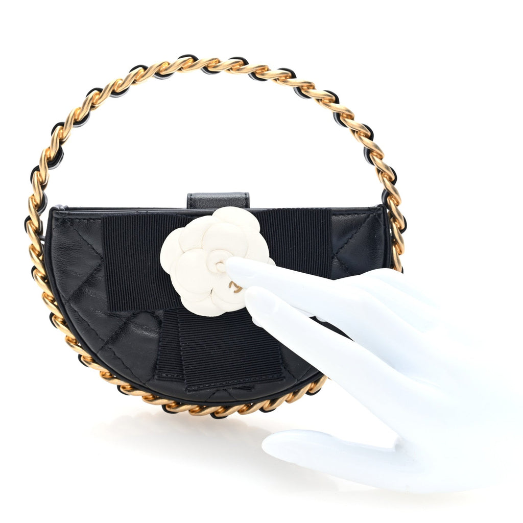 Lambskin Quilted Round Camellia Mini Clutch Black