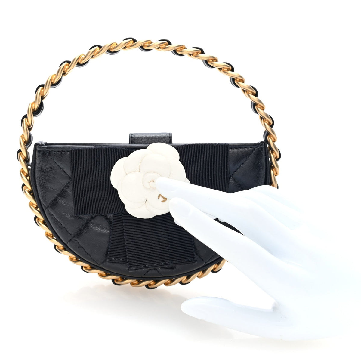 Lambskin Quilted Round Camellia Mini Clutch Black