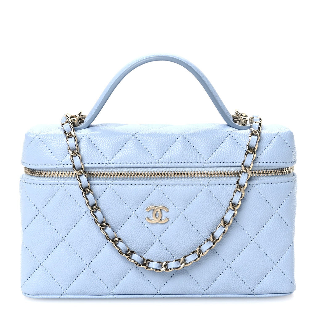 Caviar Quilted Top Handle Slim Vanity With Chain Light Blue