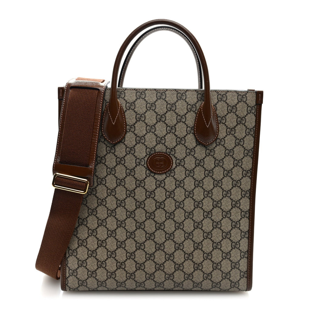 GG Supreme Monogram Textured Dollar Calfskin Web Small Retro Interlocking G Vertical Tote Bag Beige Ebony Brown Sugar