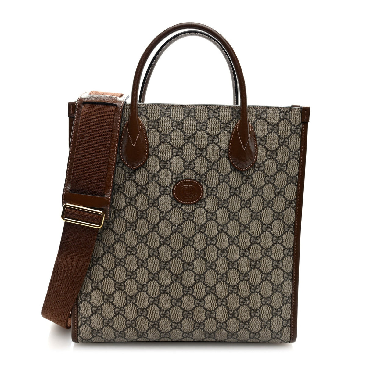 GG Supreme Monogram Textured Dollar Calfskin Web Small Retro Interlocking G Vertical Tote Bag Beige Ebony Brown Sugar