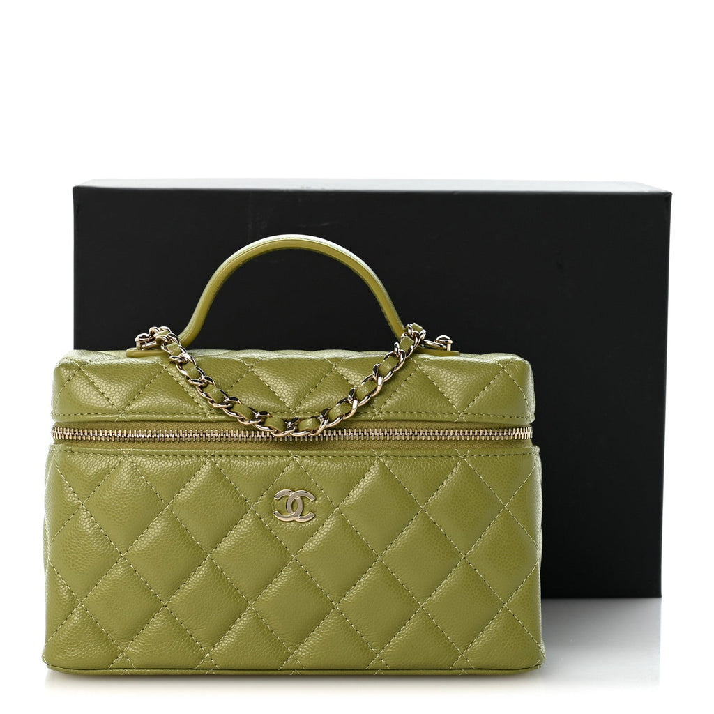 Caviar Quilted Top Handle Slim Vanity With Chain Khaki