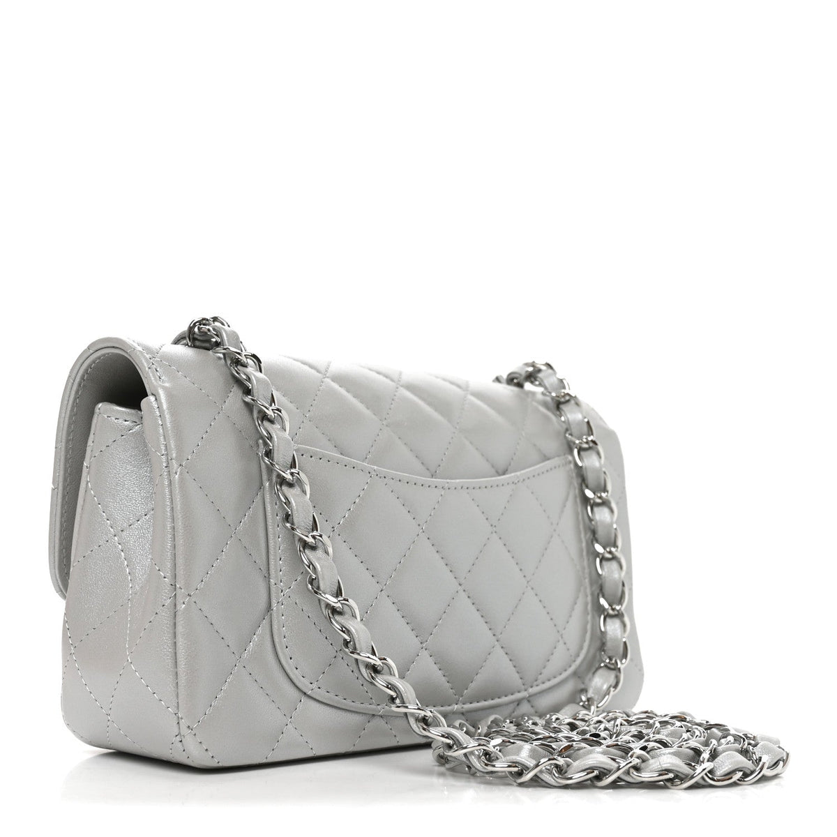 Metallic Lambskin Quilted Space Charms Mini Rectangular Flap Silver