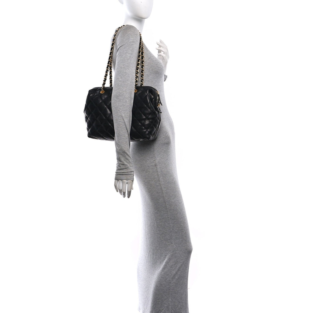 Shiny Caviar Quilted Large Bowling Bag Black Black