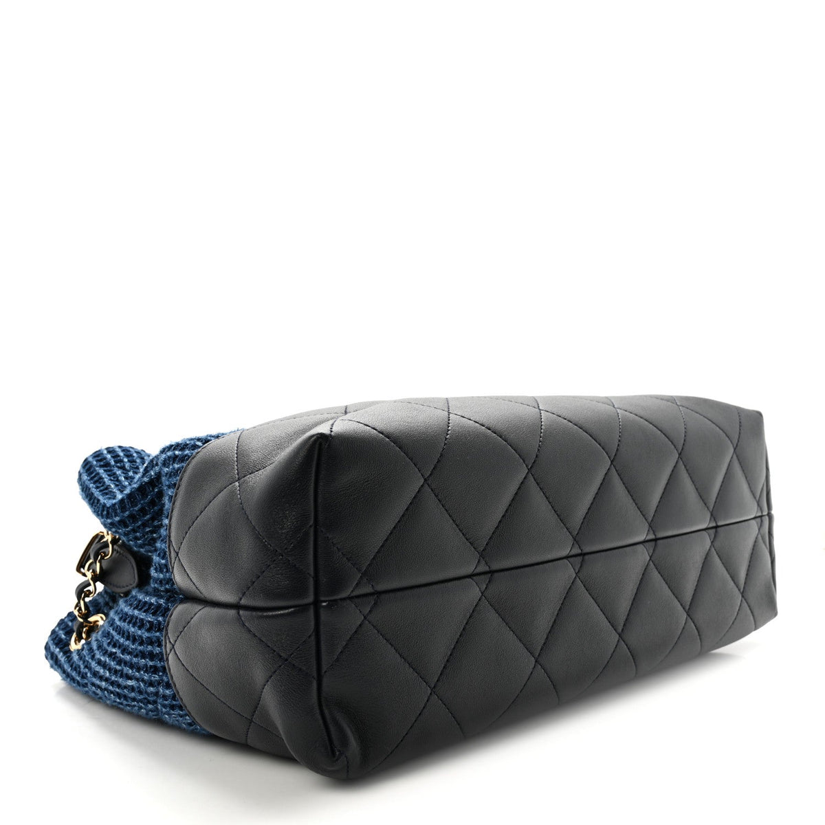 Tweed Shiny Lambskin Quilted Coco Base Small Shopping Bag Dark Blue
