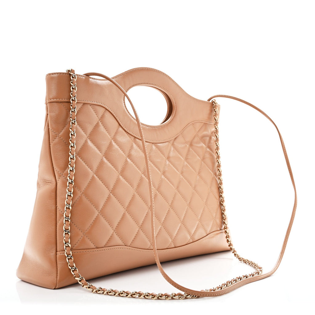 Shiny Crumpled Calfskin Quilted 31 Shopping Bag Dark Beige