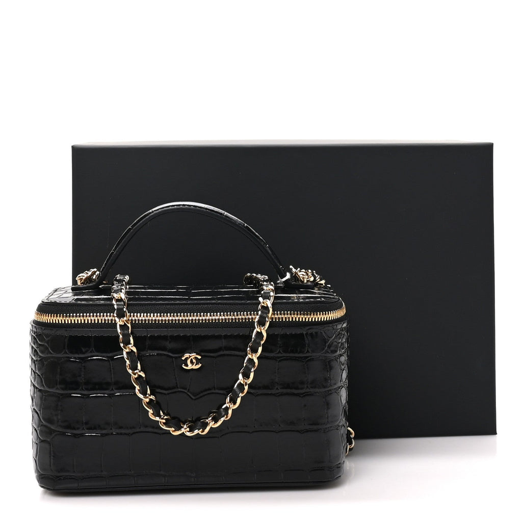 Calfskin Crocodile Embossed Crococo Small Top Handle Vanity Case With Chain Black