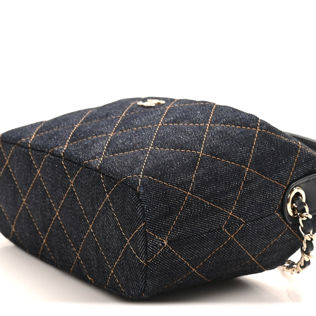 Denim Quilted Hobo Clutch With Chain Dark Blue Orange