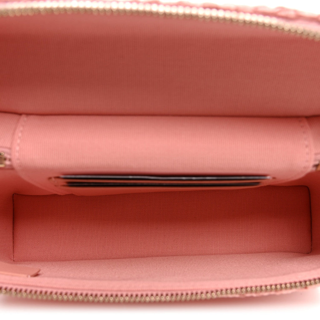 Braided Raffia Quilted Top Handle Slim Vanity Case With Chain Light Pink