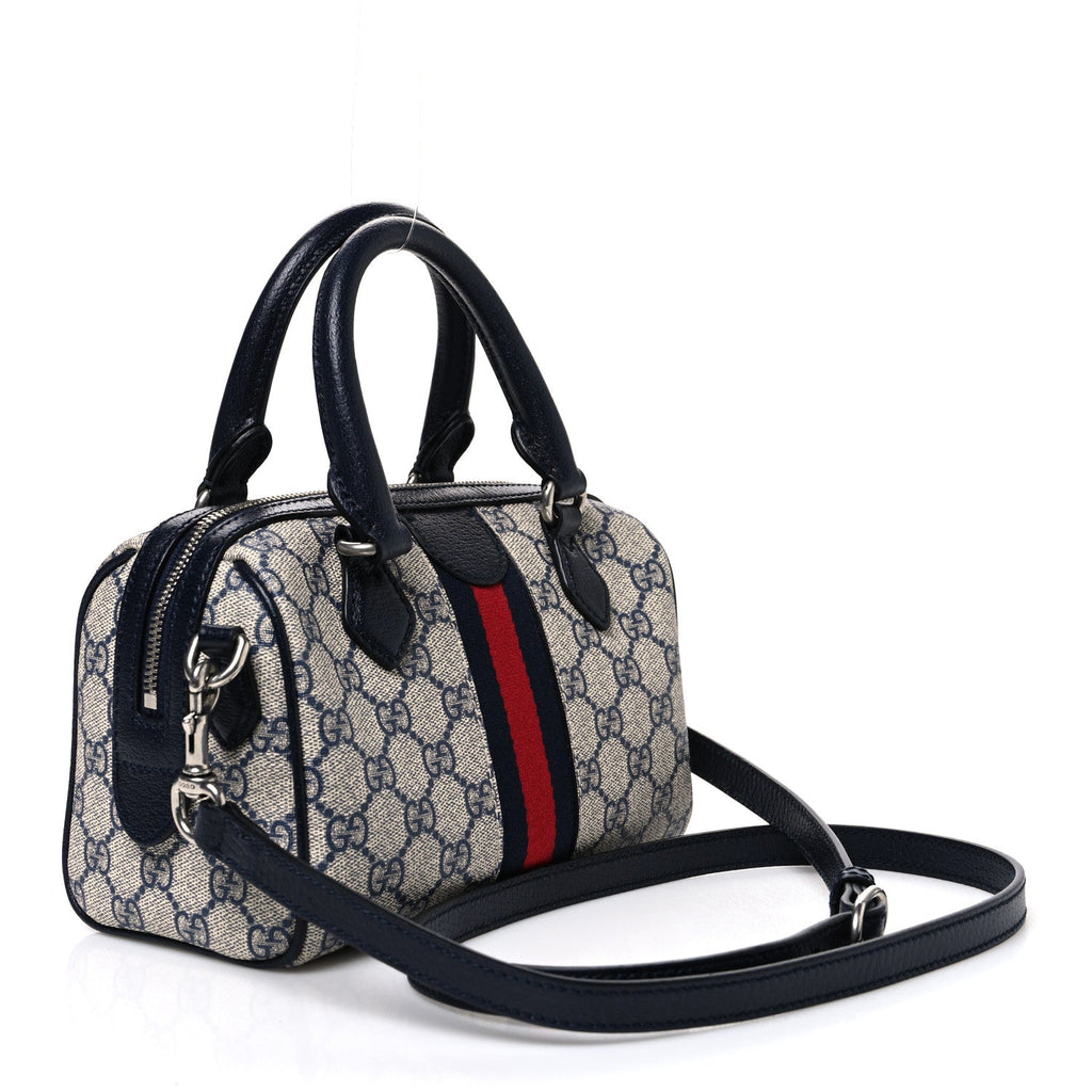 GG Supreme Monogram Textured Dollar Calfskin Web Mini Ophidia Top Handle Bag Beige Blue