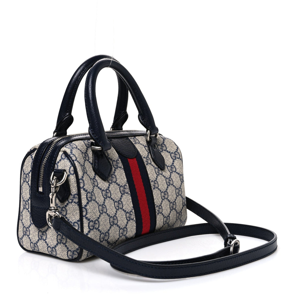 GG Supreme Monogram Textured Dollar Calfskin Web Mini Ophidia Top Handle Bag Beige Blue