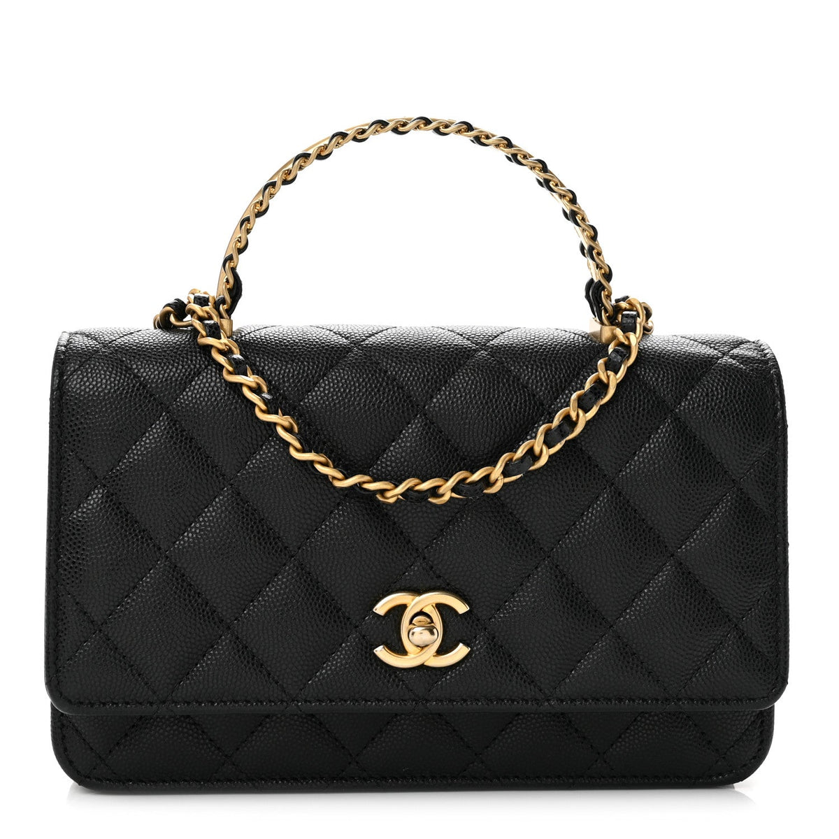 Shiny Caviar Quilted Pick Me Up Wallet On Chain WOC Black