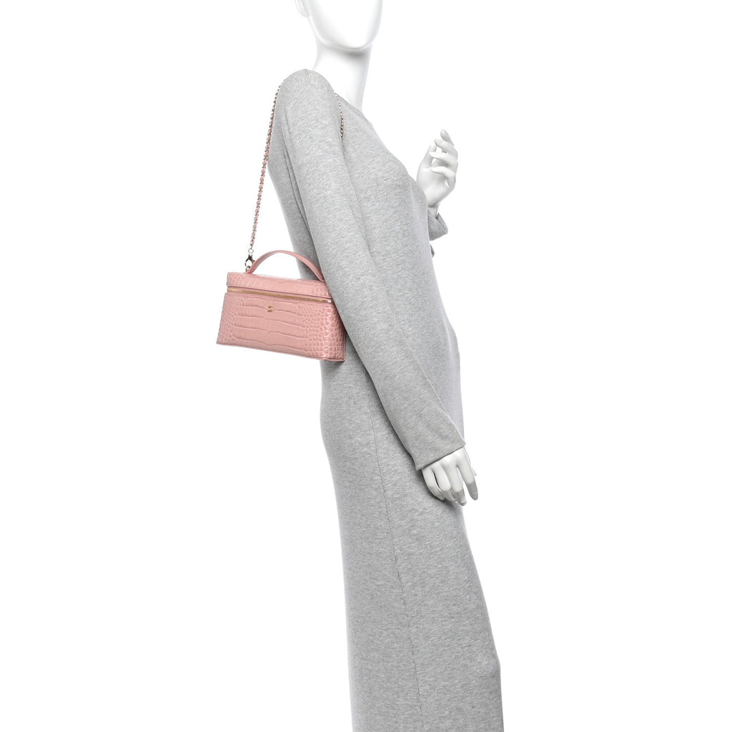 Calfskin Crocodile Embossed Crococo Exoticoco Long Vanity Case With Chain Pink