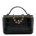 Calfskin Crocodile Embossed Crococo Small Top Handle Vanity Case With Chain Black