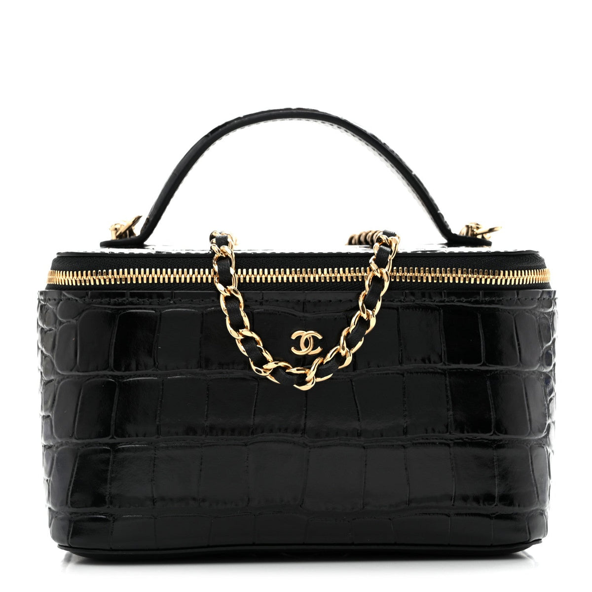 Calfskin Crocodile Embossed Crococo Small Top Handle Vanity Case With Chain Black