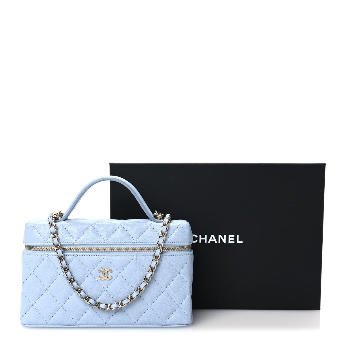 Caviar Quilted Top Handle Slim Vanity With Chain Light Blue