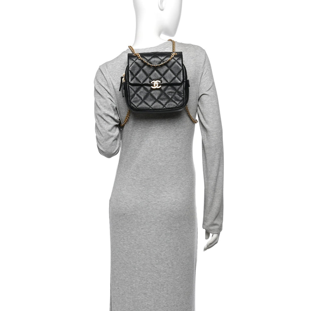 Shiny Caviar Quilted Chain Melody Backpack Black