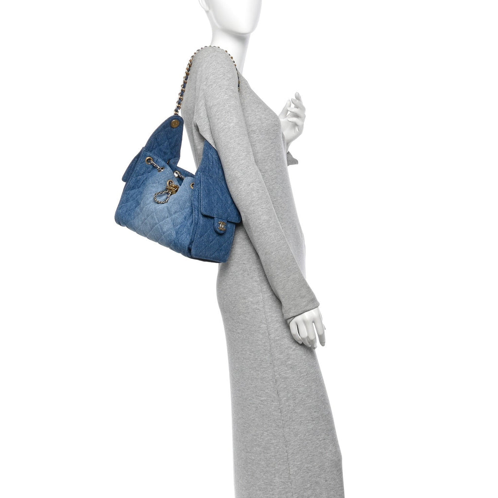 Washed Denim Quilted Small Chanel 25 Handbag Blue