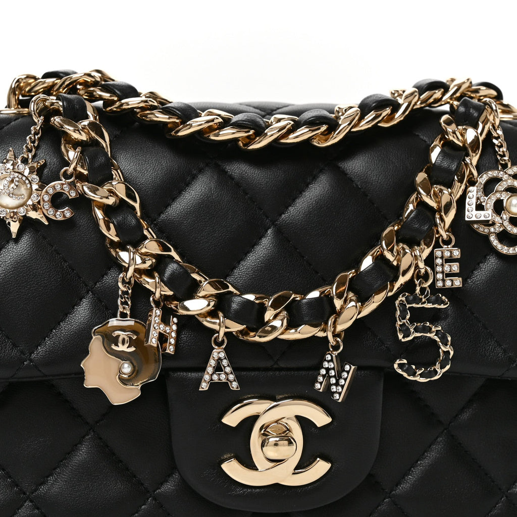 Lambskin Quilted Mini Coco Charms Rectangular Flap Black