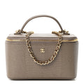 Calfskin Lizard Embossed Top Handle Vanity With Chain Dark Khaki