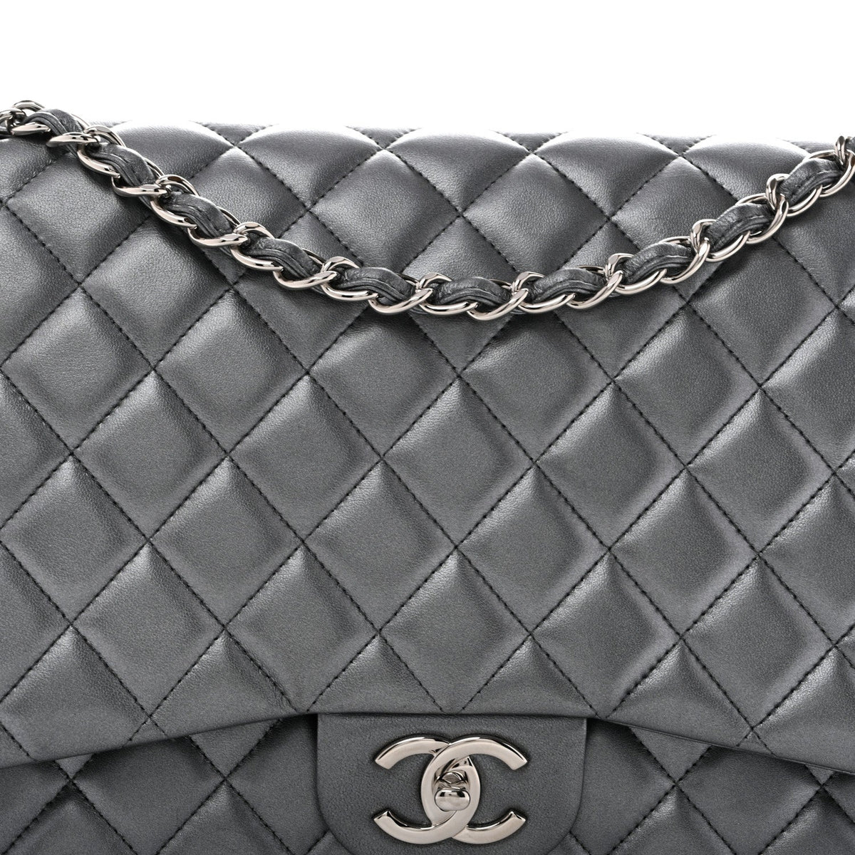 Metallic Lambskin Quilted Maxi Double Flap Pewter