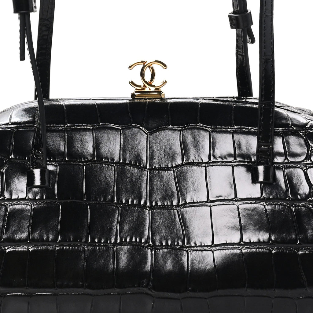 Calfskin Crocodile Embossed Pretty CC Clutch With Strap Black