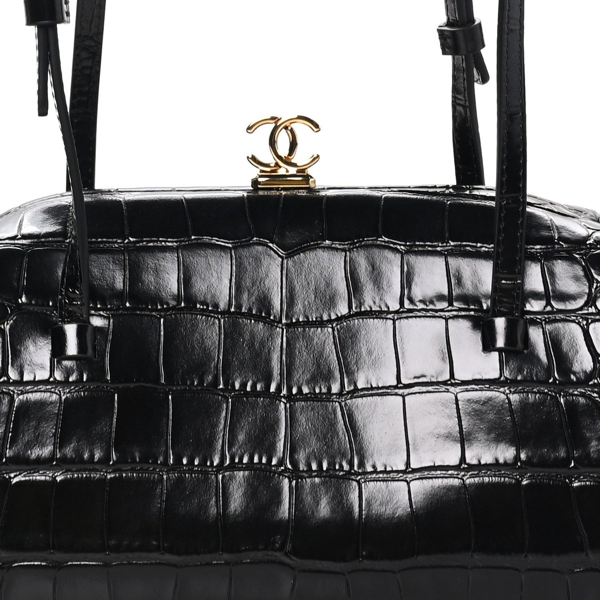 Calfskin Crocodile Embossed Pretty CC Clutch With Strap Black
