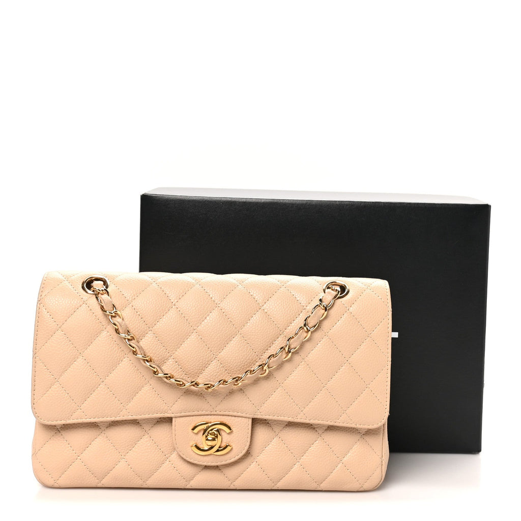 Caviar Quilted Medium Double Flap Beige