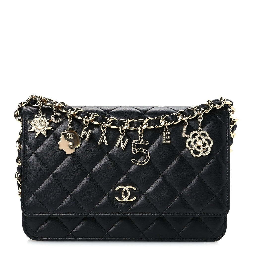 Lambskin Quilted Coco Charms Wallet On Chain Black