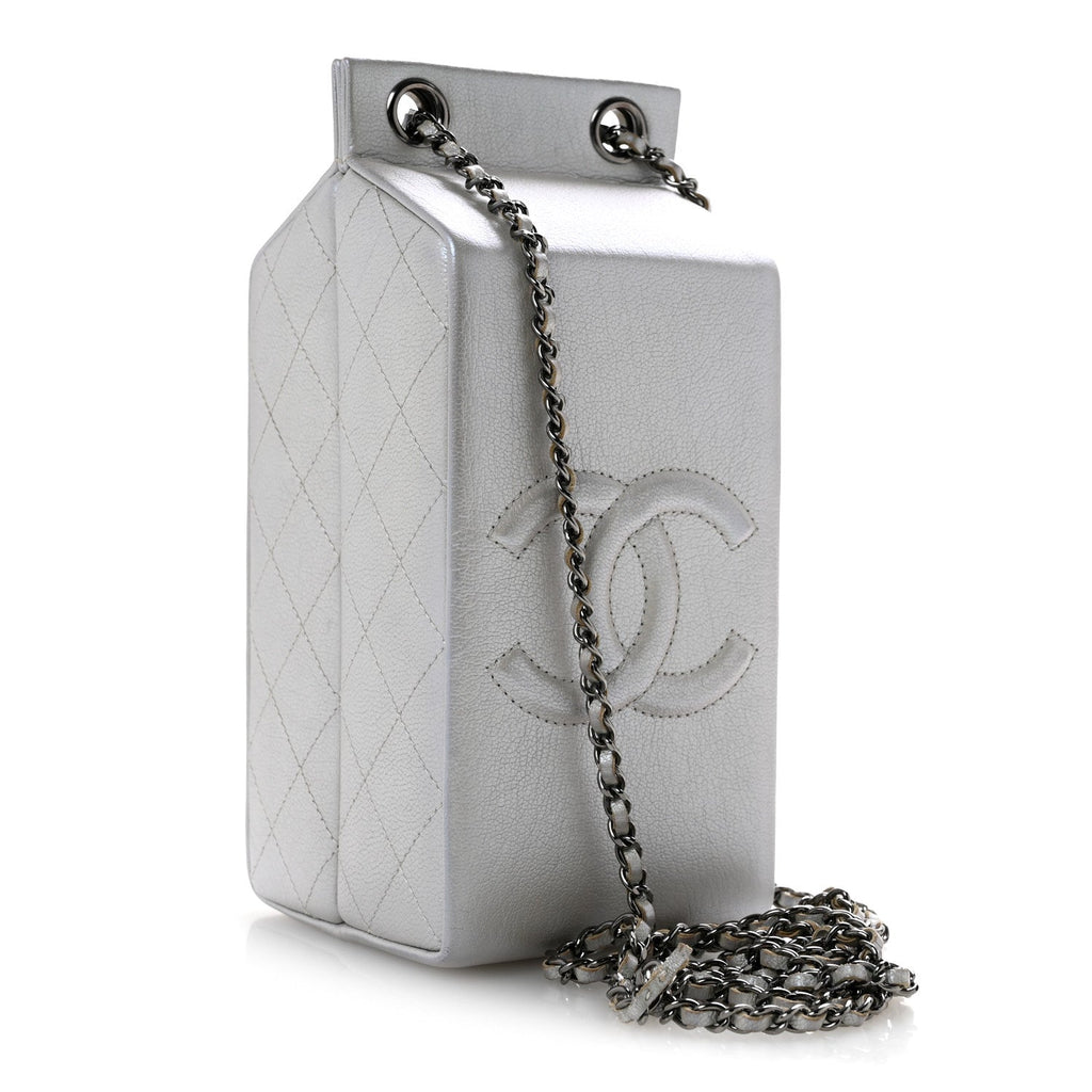 Metallic Goatskin Lait de Coco Milk Carton Bag Silver