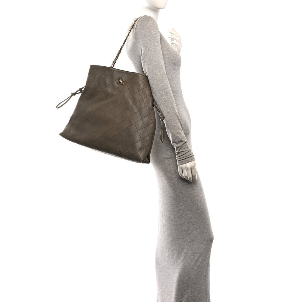 Lambskin Quilted Drawstring Shopping Bag  Dark Khaki