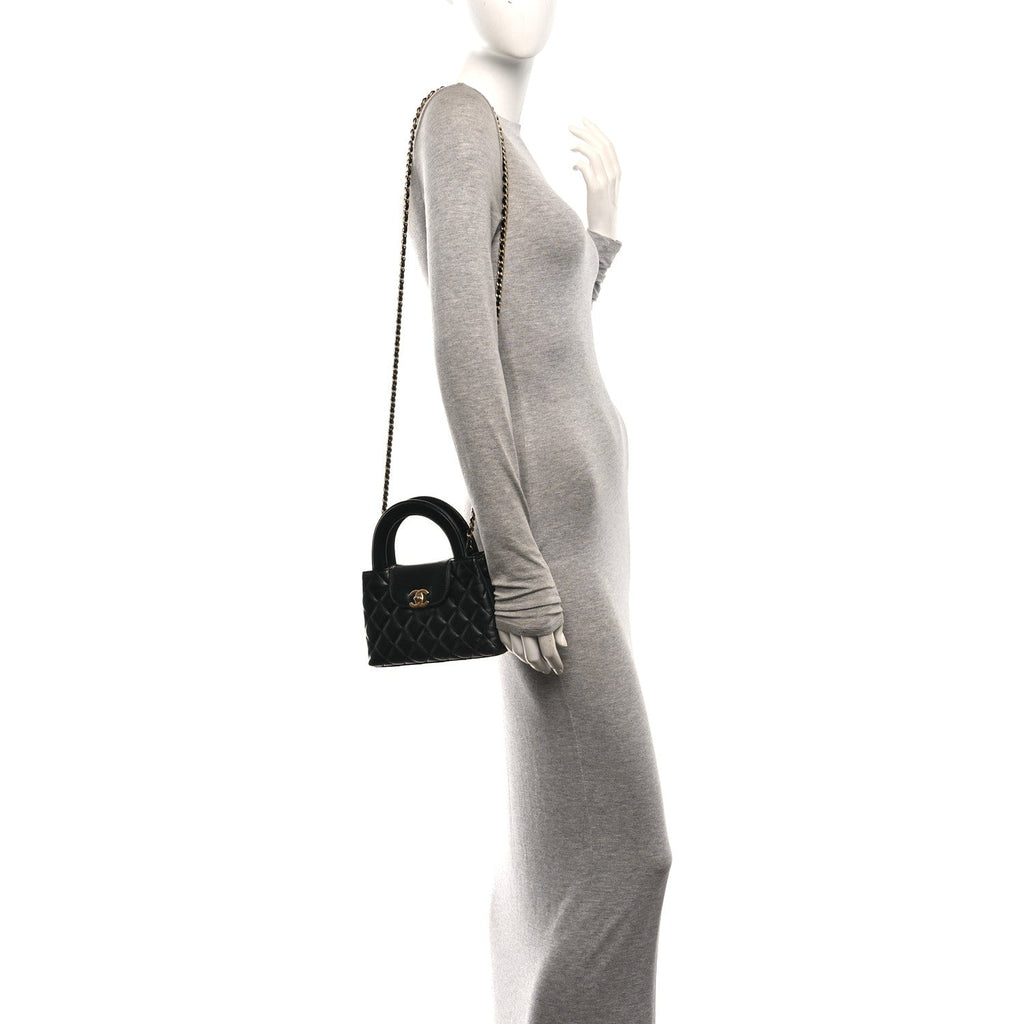 Shiny Aged Calfskin Quilted Mini Kelly Shopper Black