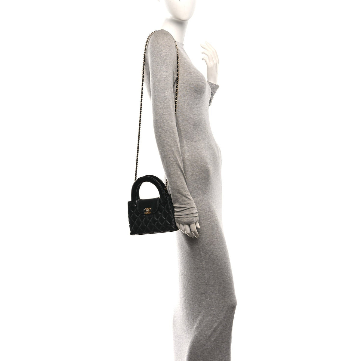Shiny Aged Calfskin Quilted Mini Kelly Shopper Black