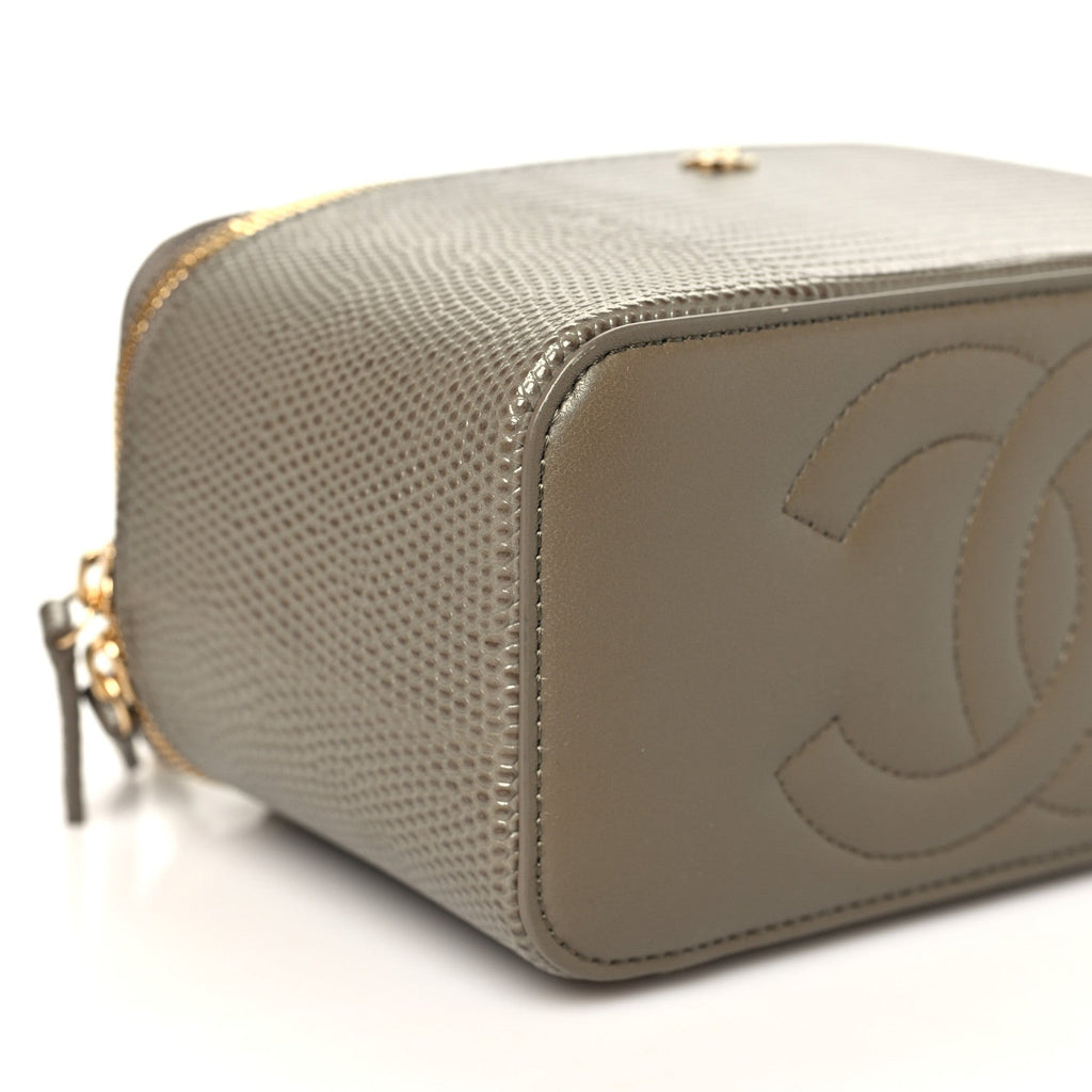 Calfskin Lizard Embossed Top Handle Vanity With Chain  Dark Khaki