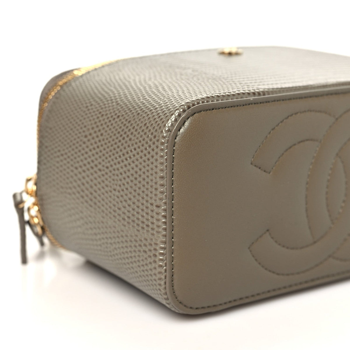 Calfskin Lizard Embossed Top Handle Vanity With Chain  Dark Khaki