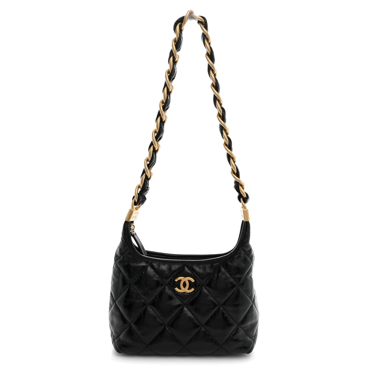 Shiny Crumpled Lambskin Quilted Small CC Funky Town Hobo Black