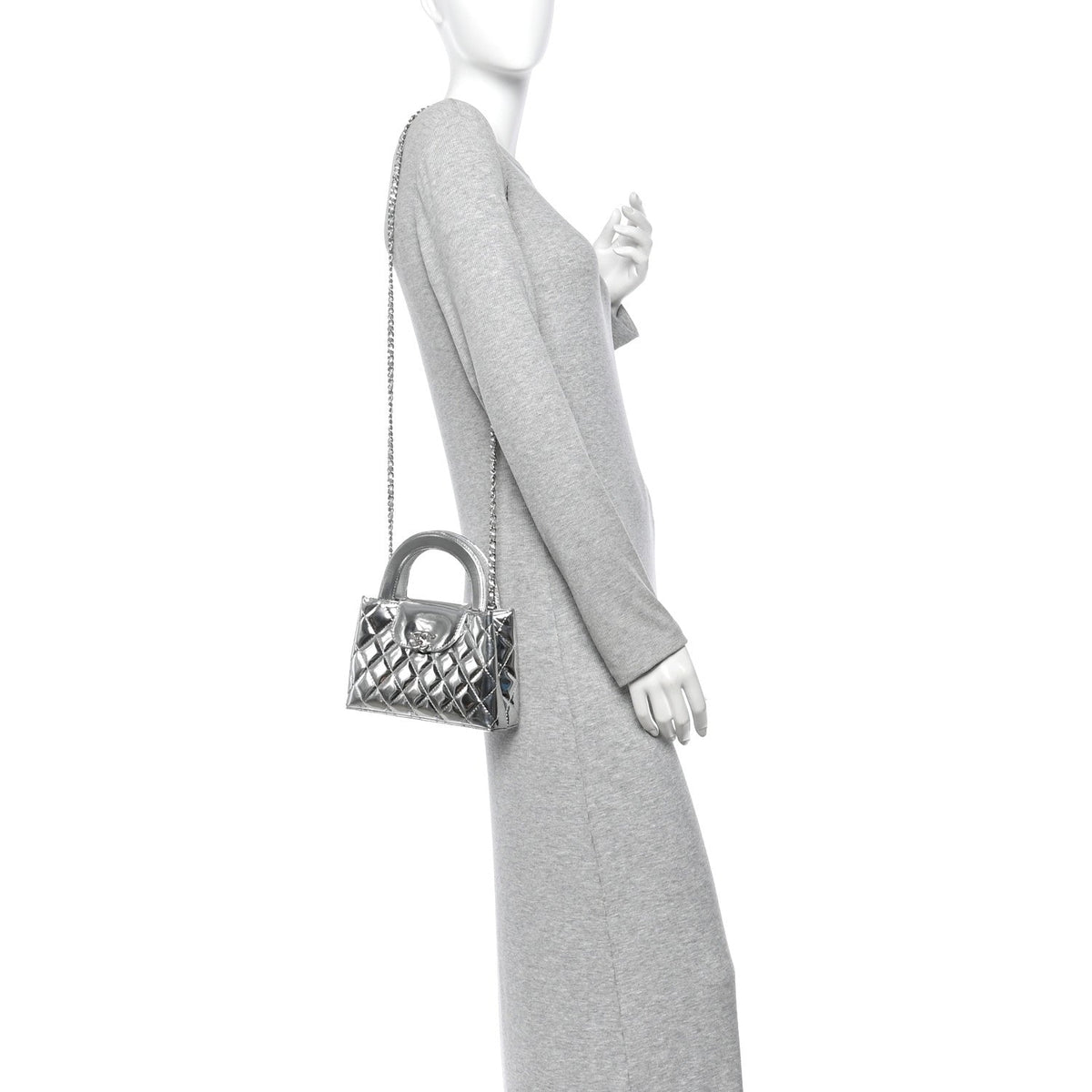 Mirror Calfskin Metallic Calfskin Quilted Nano Kelly Shopper Silvery