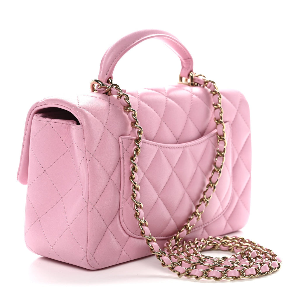 Lambskin Quilted Mini Top Handle Rectangular Flap Pink