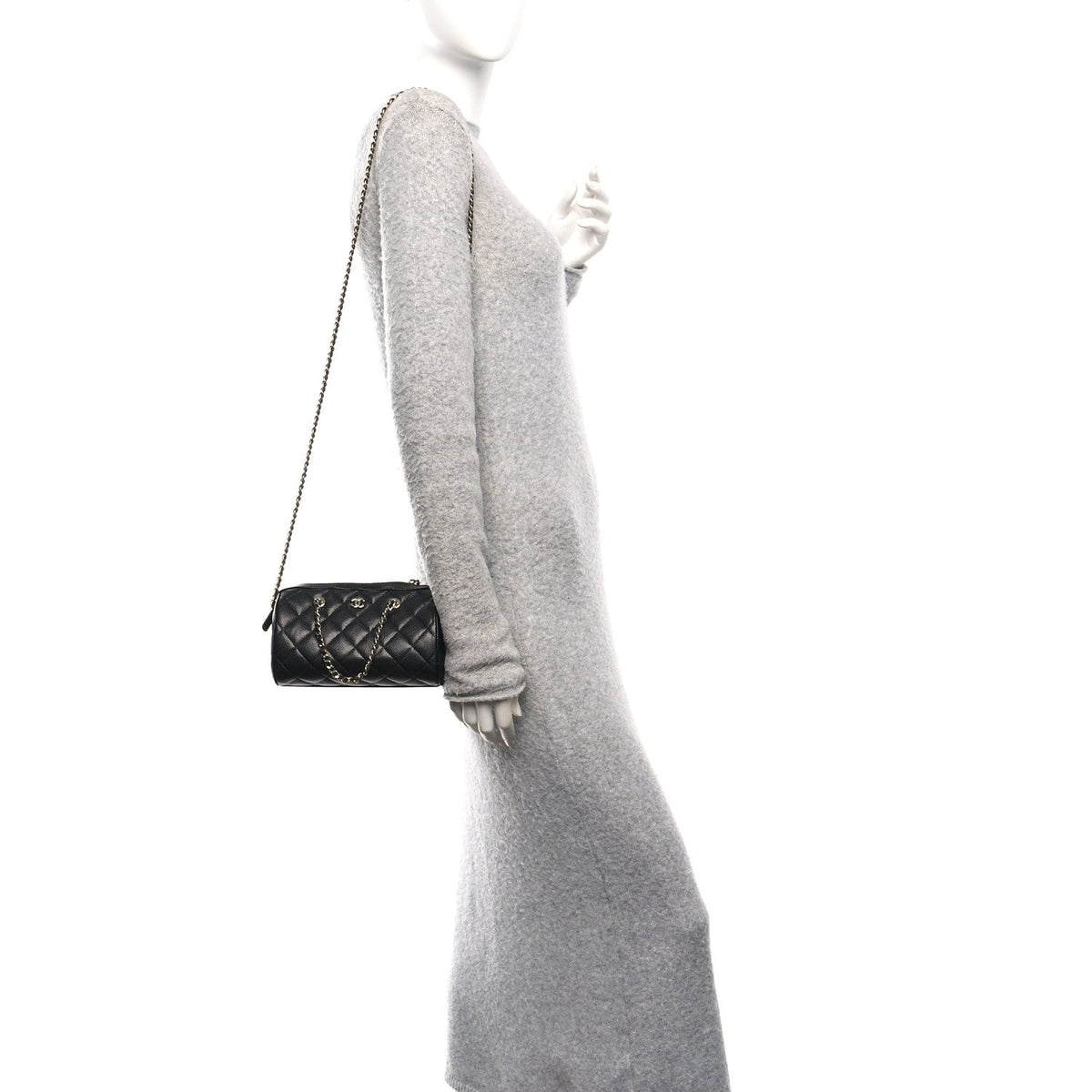 Caviar Quilted Barrel Clutch With Chain Black