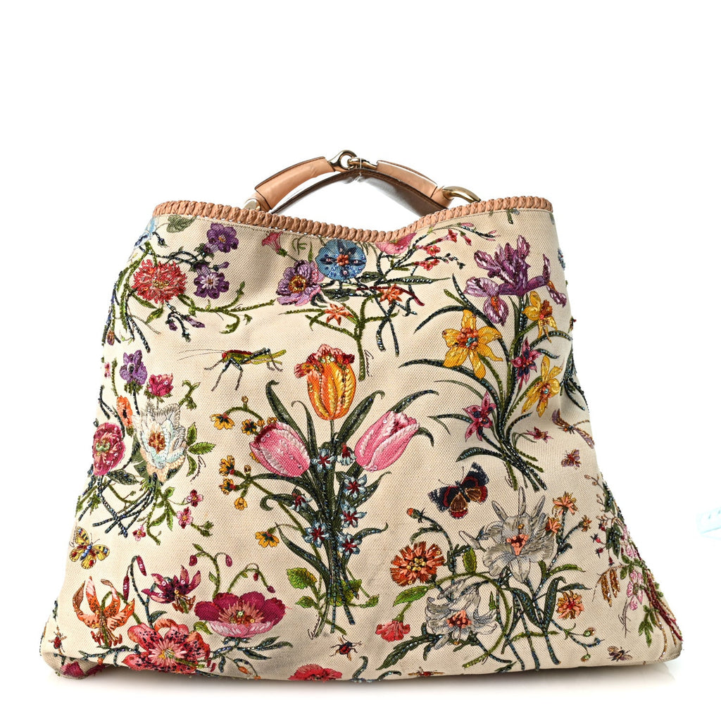 Canvas Flora Beaded Large Horsebit Chain Hobo White