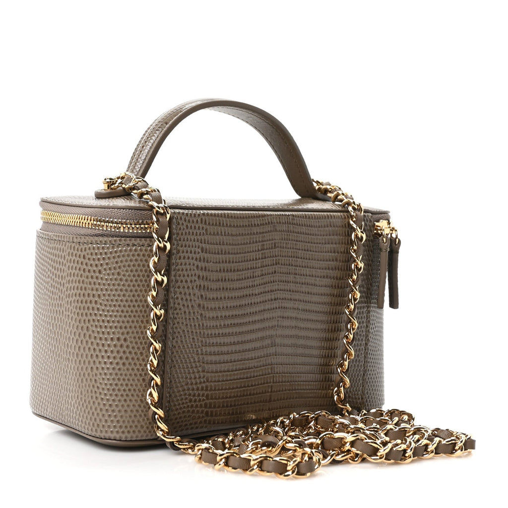 Calfskin Lizard Embossed Top Handle Vanity With Chain Dark Khaki
