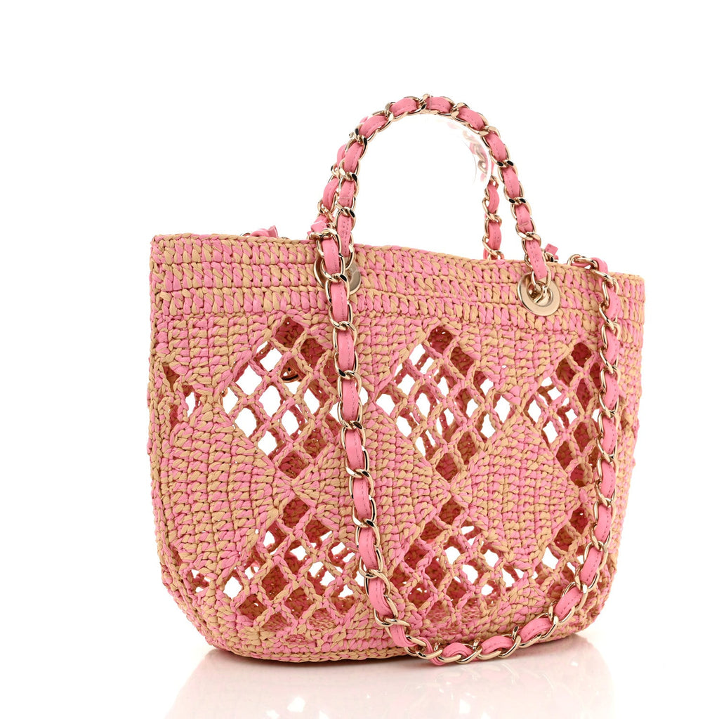 Raffia Effect Braided Small Shopping Bag Beige Pink