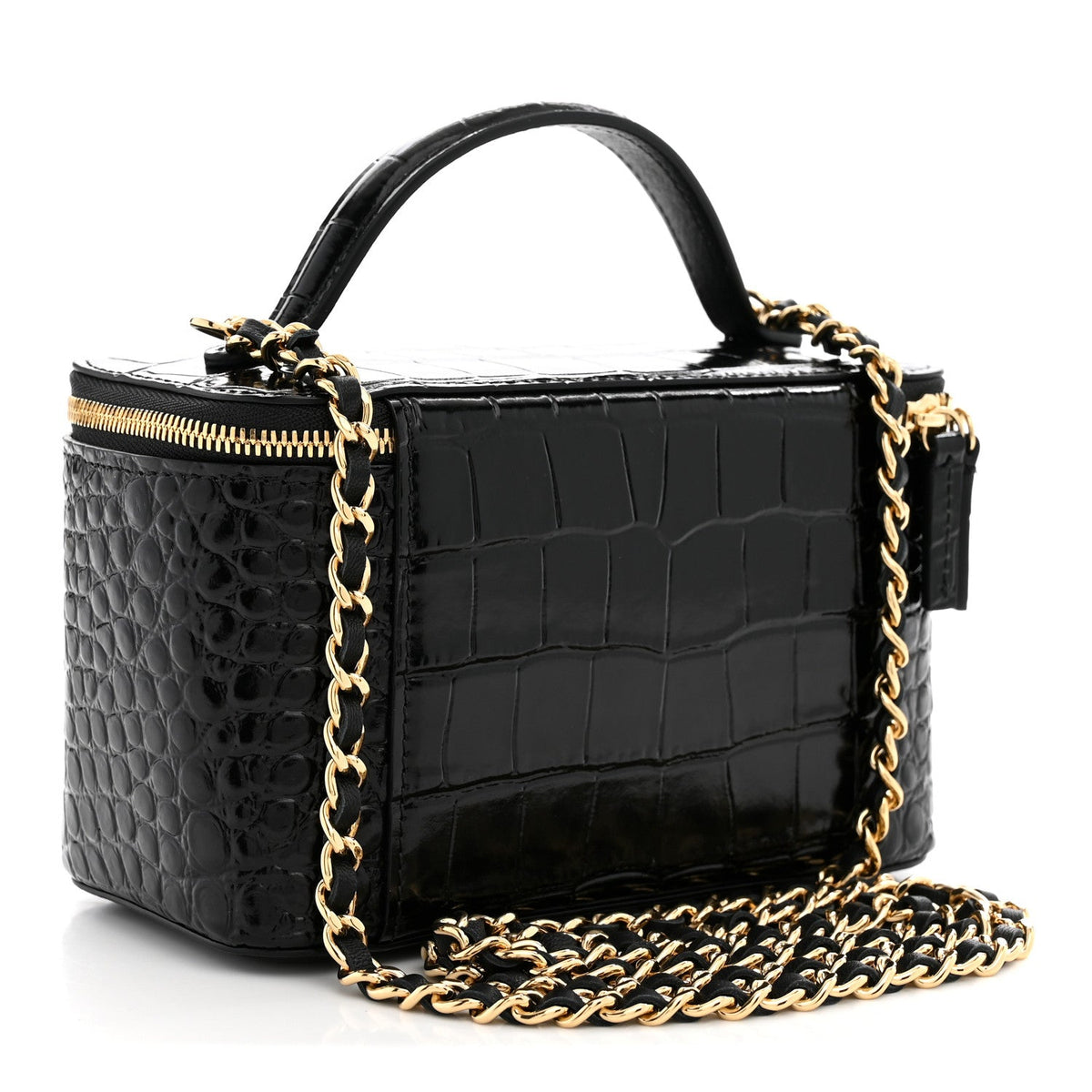 Calfskin Crocodile Embossed Crococo Small Top Handle Vanity Case With Chain Black
