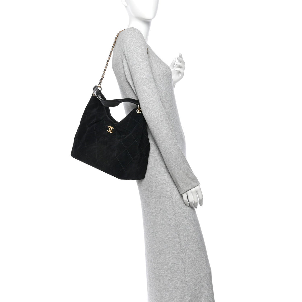 Suede Calfskin Lambskin Quilted Maxi Hobo Black