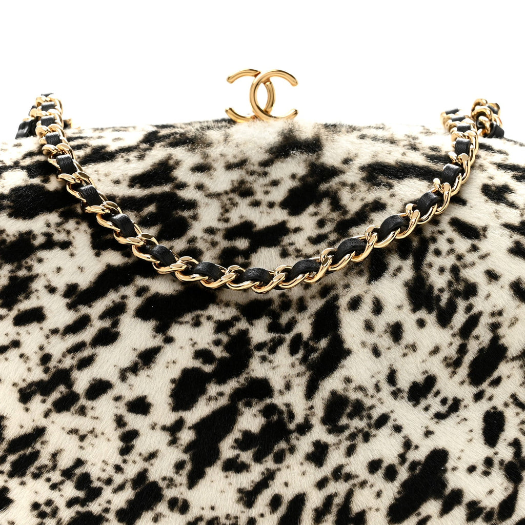 Lambskin Pony Hair Printed Clutch With Chain Black White