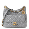Shiny Crumpled Calfskin Quilted Wavy CC Hobo Grey