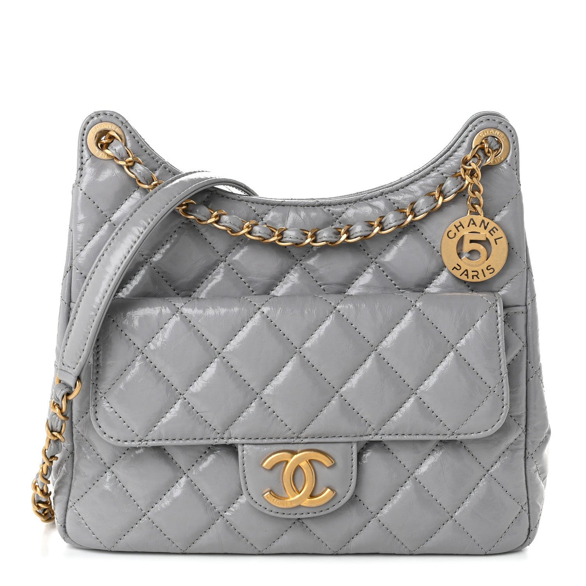 Shiny Crumpled Calfskin Quilted Wavy CC Hobo Grey