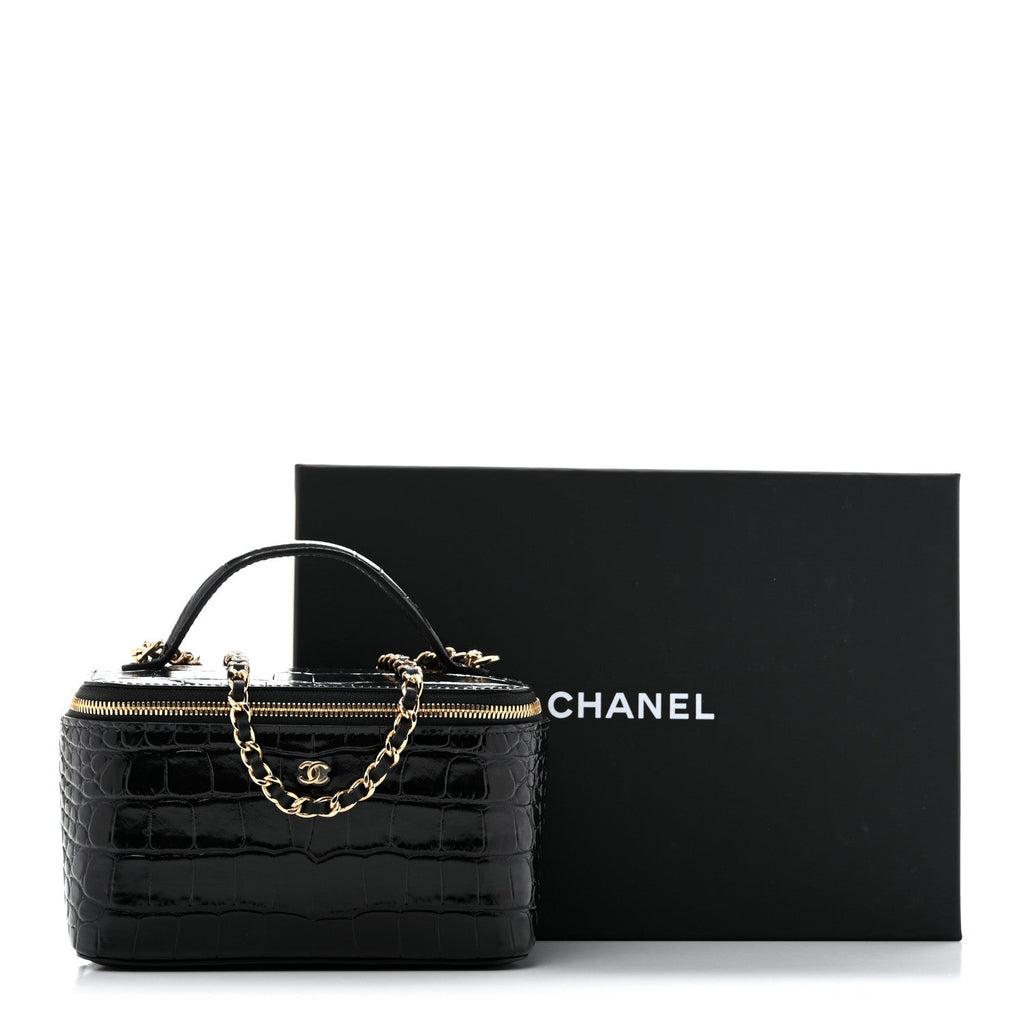 Calfskin Crocodile Embossed Crococo Small Top Handle Vanity Case With Chain Black