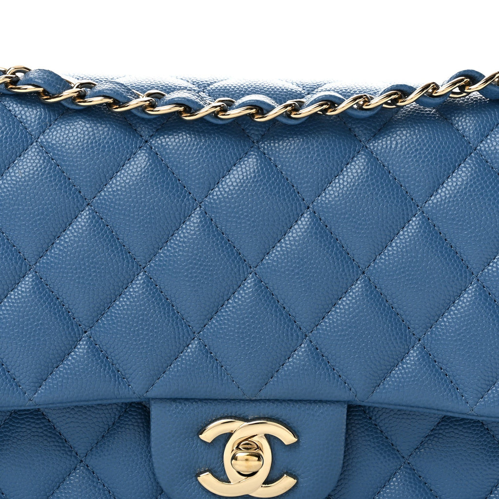 Caviar Quilted Medium Double Flap Blue
