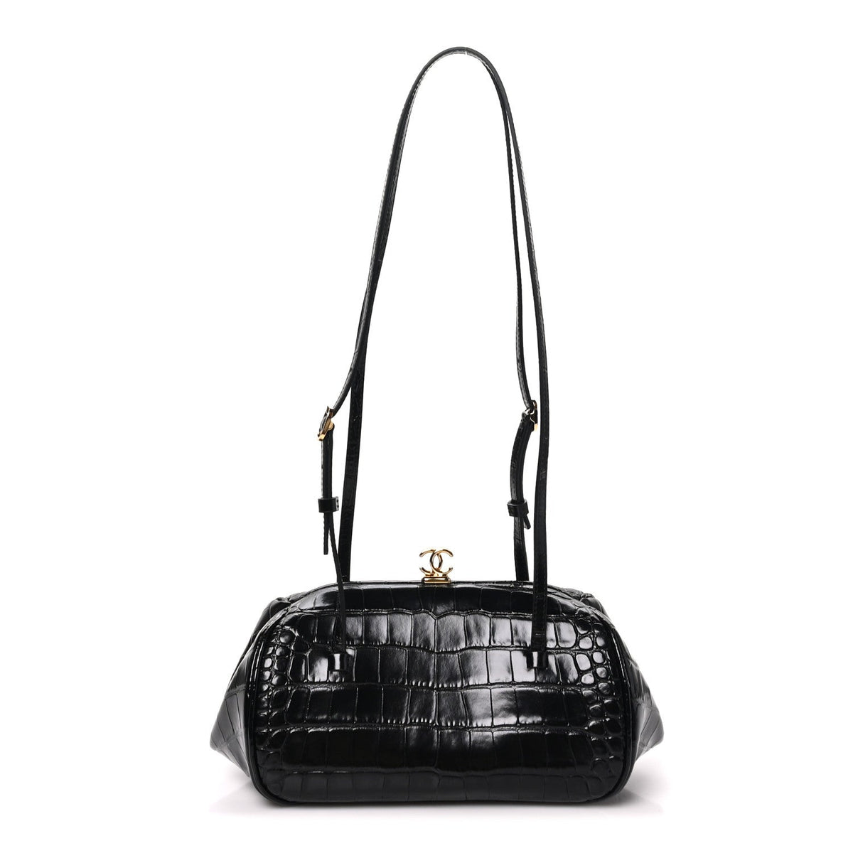 Calfskin Crocodile Embossed Pretty CC Clutch With Strap Black